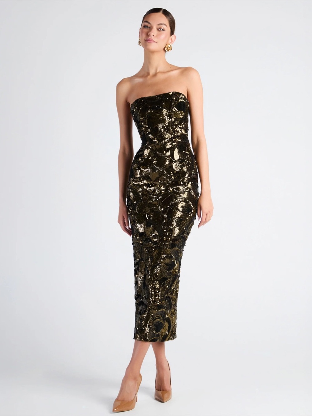 Helsi Leslie Strapless Sequin Midi Dress in Antique Bronze Size L